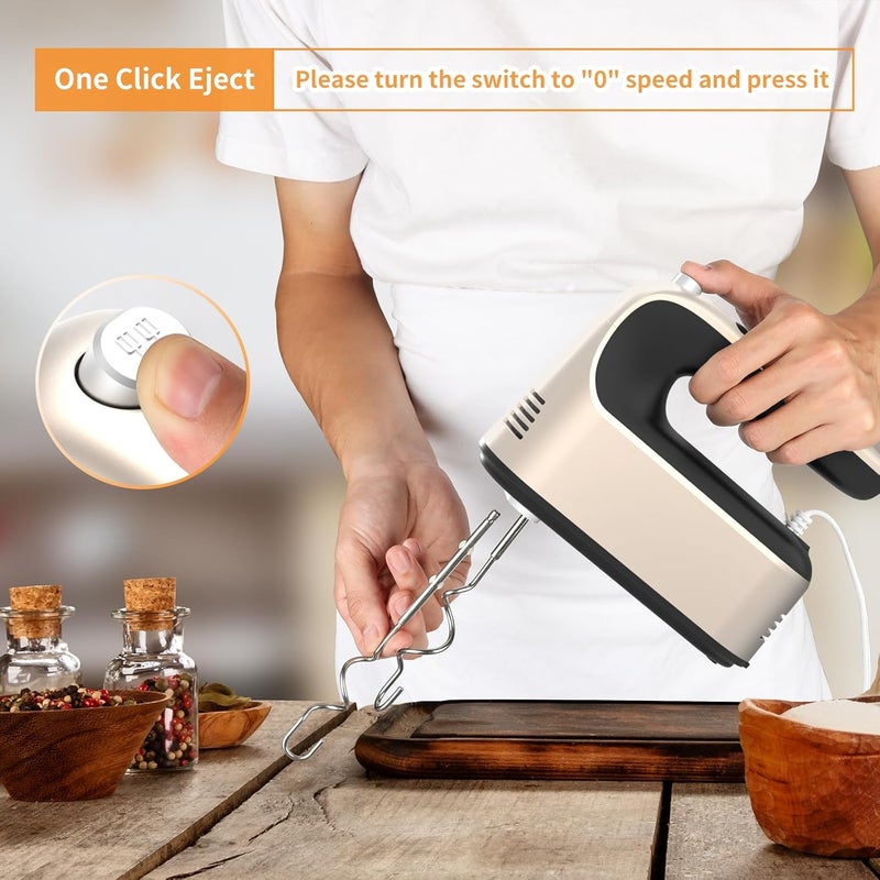 Yomelo 9-Speed Digital Hand Mixer Electric, 400W Powerful DC Motor, Hand Mixer Electric Handheld with Snap-On Storage Case, 5 Stainless Steel Accessories, Beaters, Dough Hooks, Whisk(Champagne Gold) - Image 5